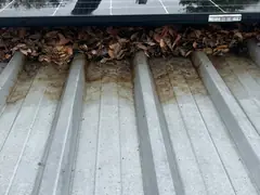 Dry leaves packed into the gap under the bottom edge of a solar panel, with rust coloured staining on the metal roof below