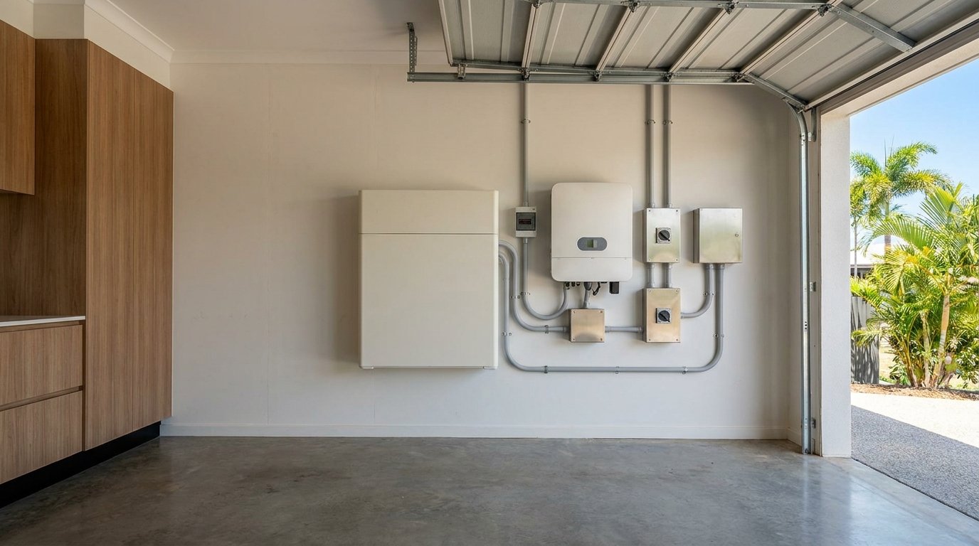 Wall-mounted home battery system installed in a Mackay garage with inverter and switchgear visible