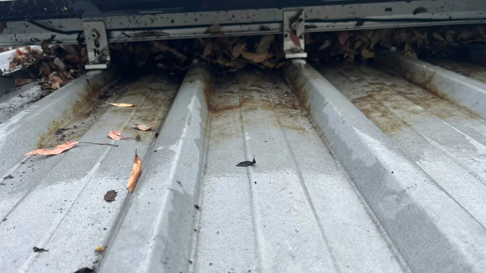 Dry leaves packed into the gap under the edge of a solar panel on a light grey metal roof