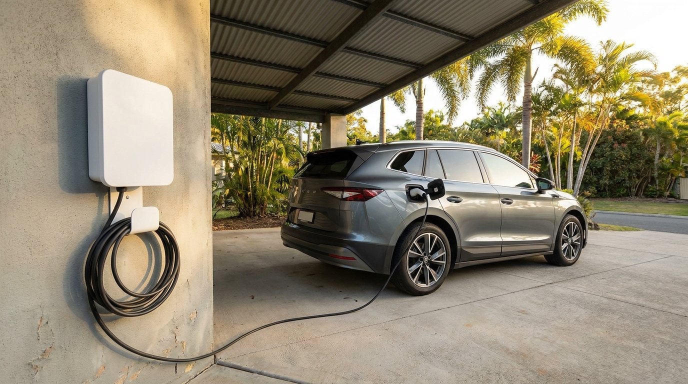 Tesla Wall Connector mounted on the wall of a Mackay garage with an EV plugged in