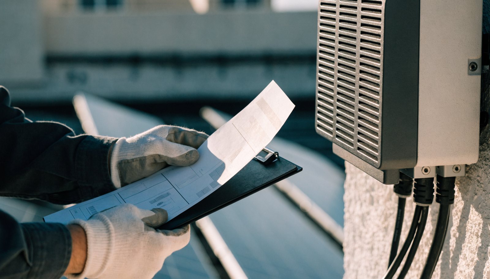 Installer checking rooftop solar wiring against the system design