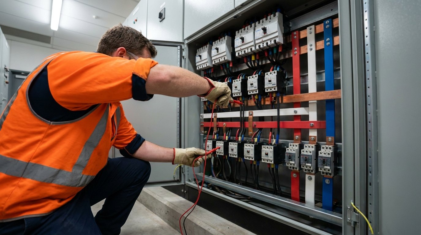 Mackay commercial electrician in high-vis working on a switchboard in an industrial setting