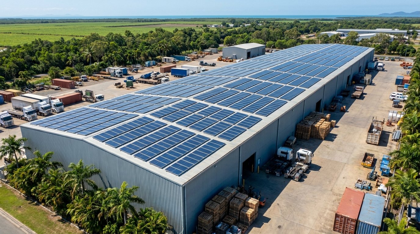 Aerial drone shot of a large commercial roof in Paget with solar panels installed