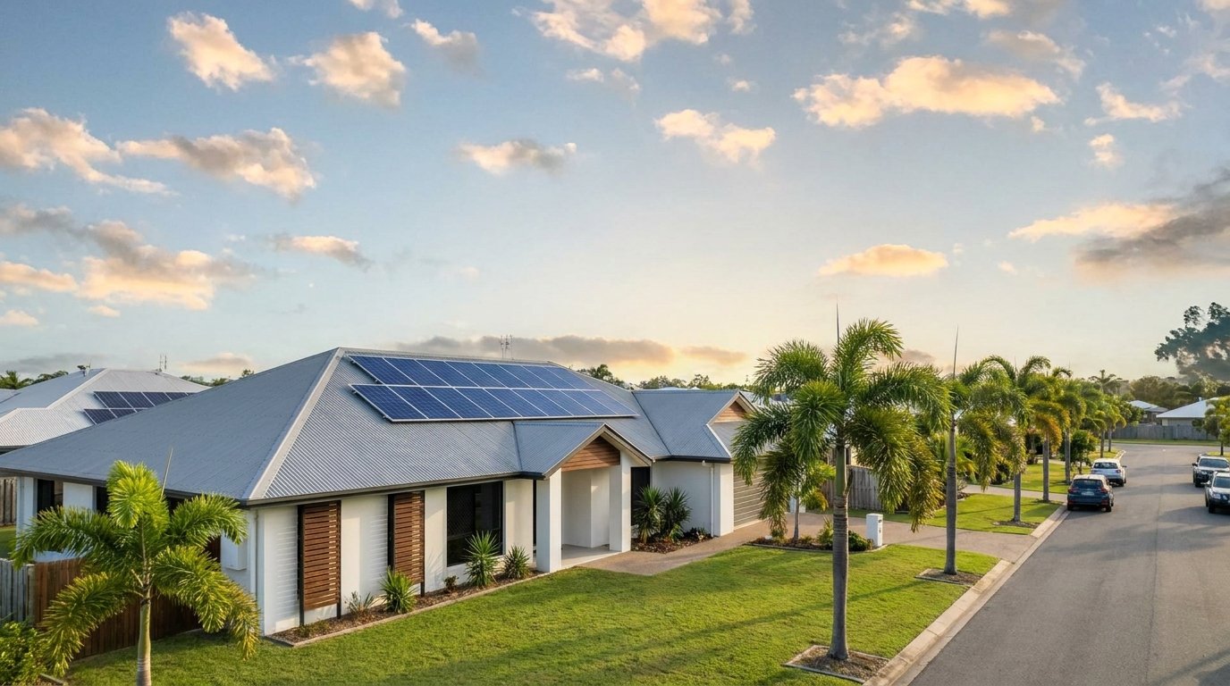 A Mackay home with rooftop panels and tropical greenery in the background