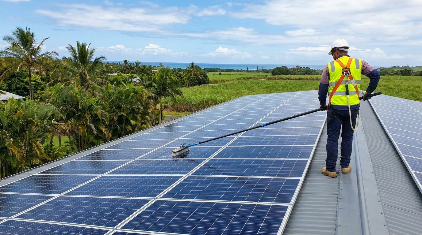 Solar panel cleaner on a Mackay roof using a water-fed pole with the Coral Sea visible in background