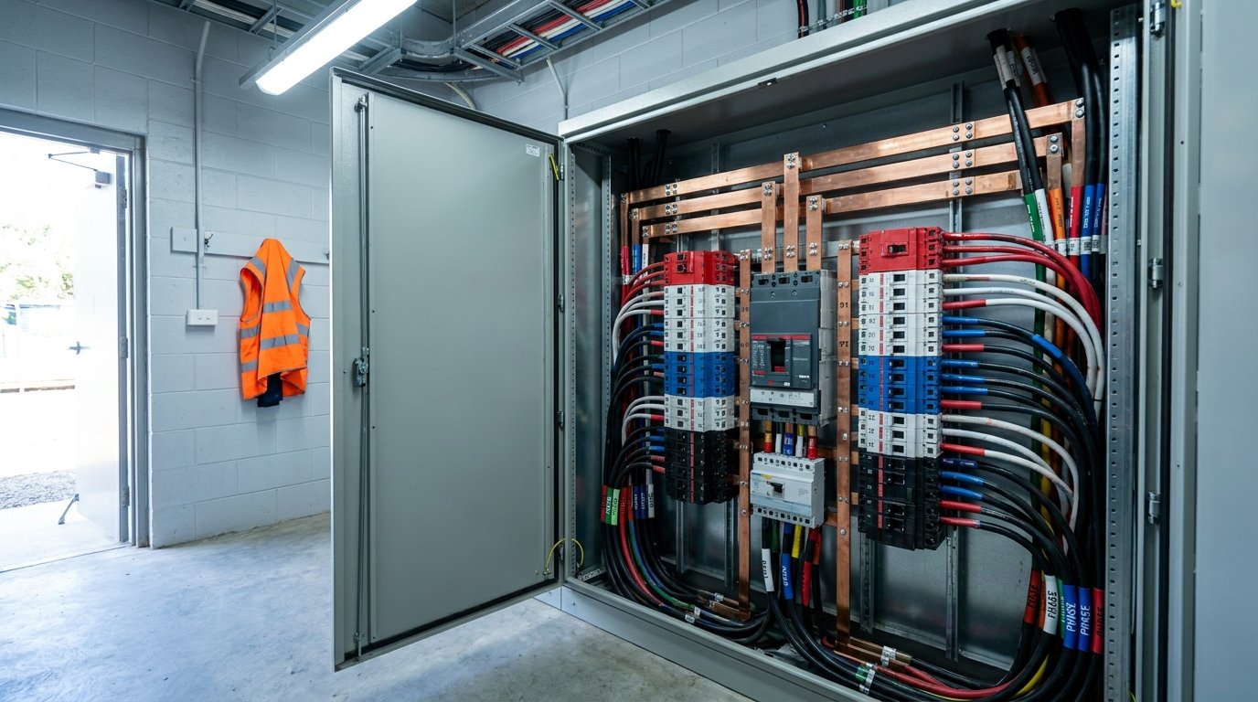 Mackay electrician with visible licence card and high-vis on a commercial site