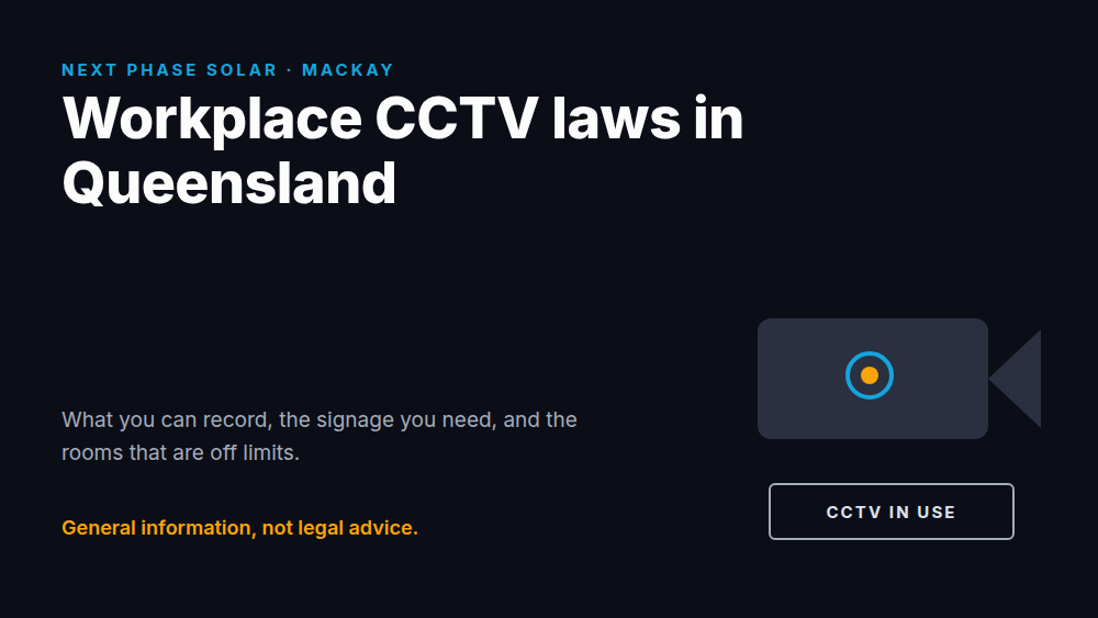 Title card reading Workplace CCTV laws in Queensland, with a drawn camera and a CCTV in use sign