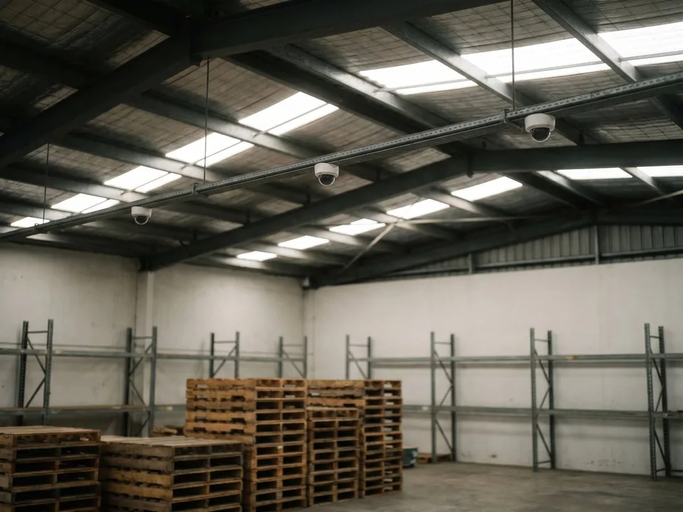 Three white dome security cameras hanging from a steel beam inside a shed