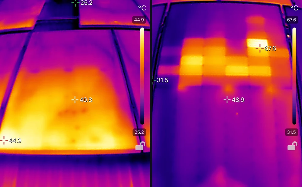 Two thermal camera images side by side: a healthy solar panel with no cell hotter than its neighbours, and a panel with bright blocks where cells run hotter