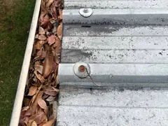 A roof gutter packed with dry leaves