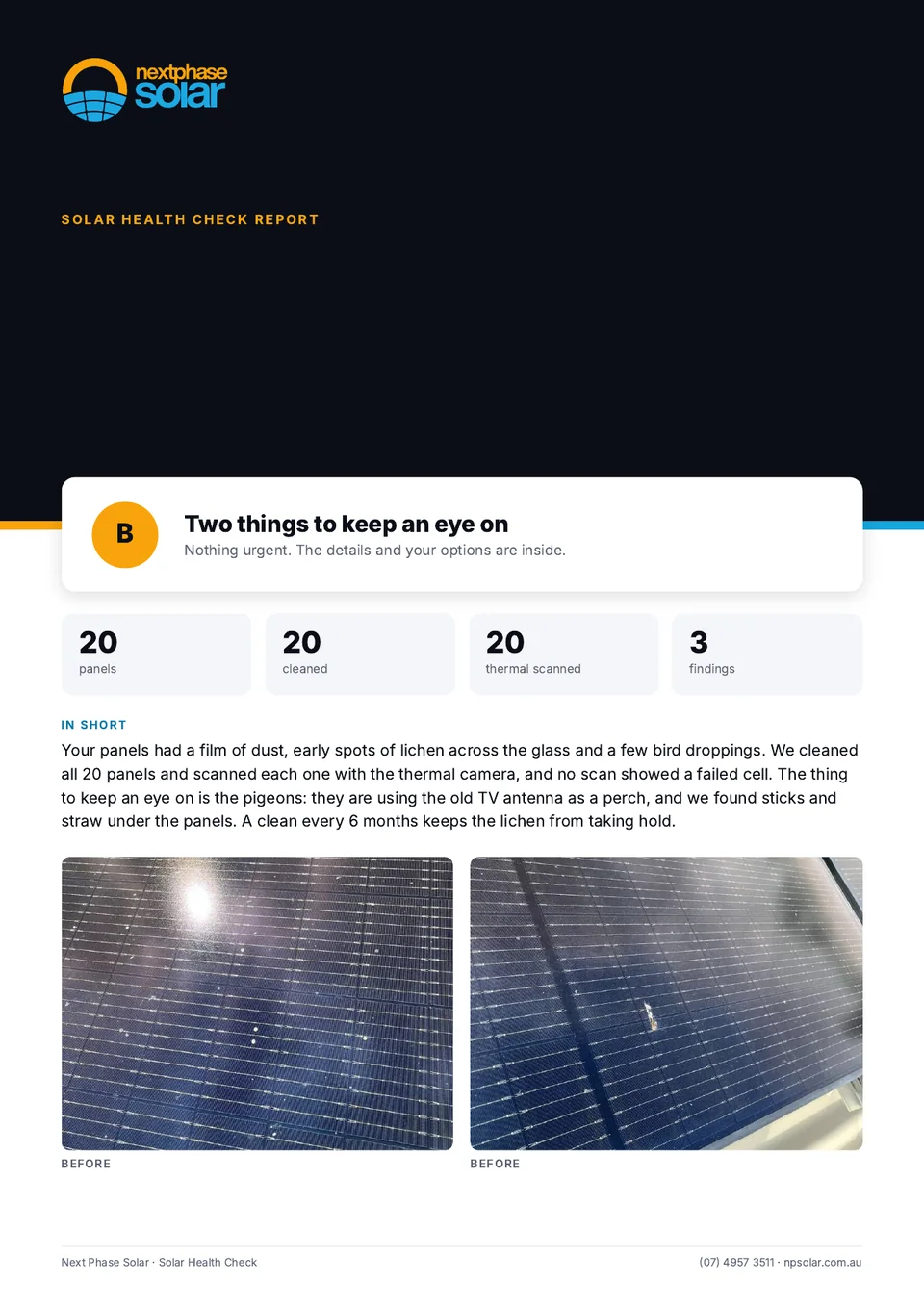 The cover page of a real Solar Health Check report, with the customer details removed