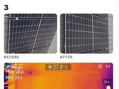 One panel from a real Solar Health Check report: its number, before and after photos, and the top of its thermal scan