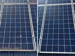 The same solar panel before and after the clean: marks on the glass on the left, clear glass on the right
