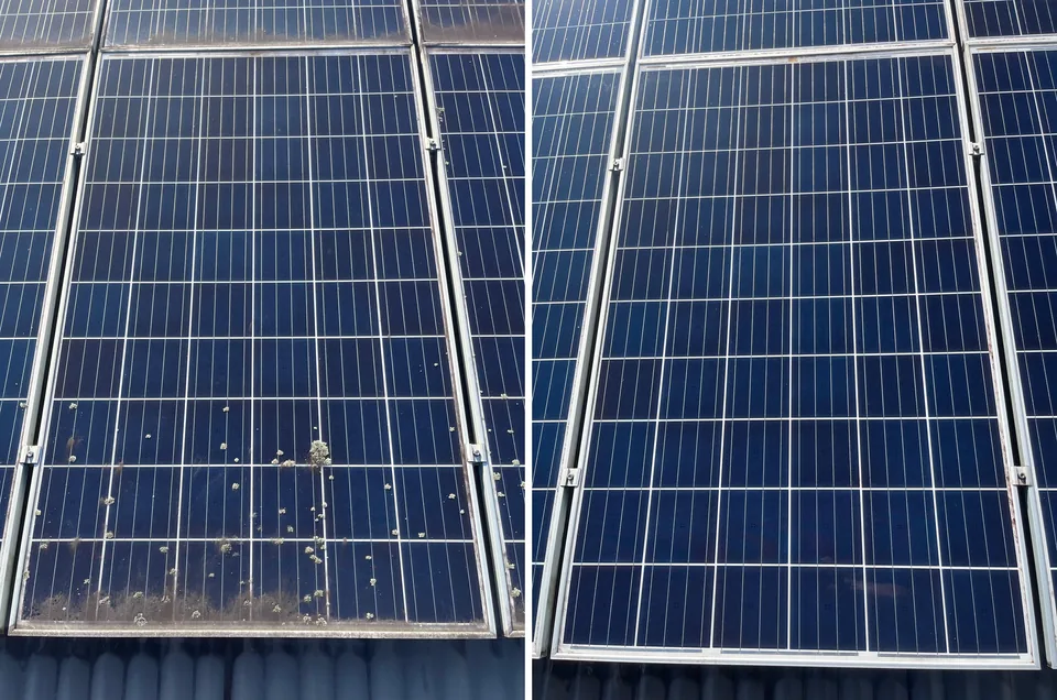 The same solar panel photographed from the same spot before and after the clean: marks on the glass and a band of dirt along the bottom edge before, clear glass after
