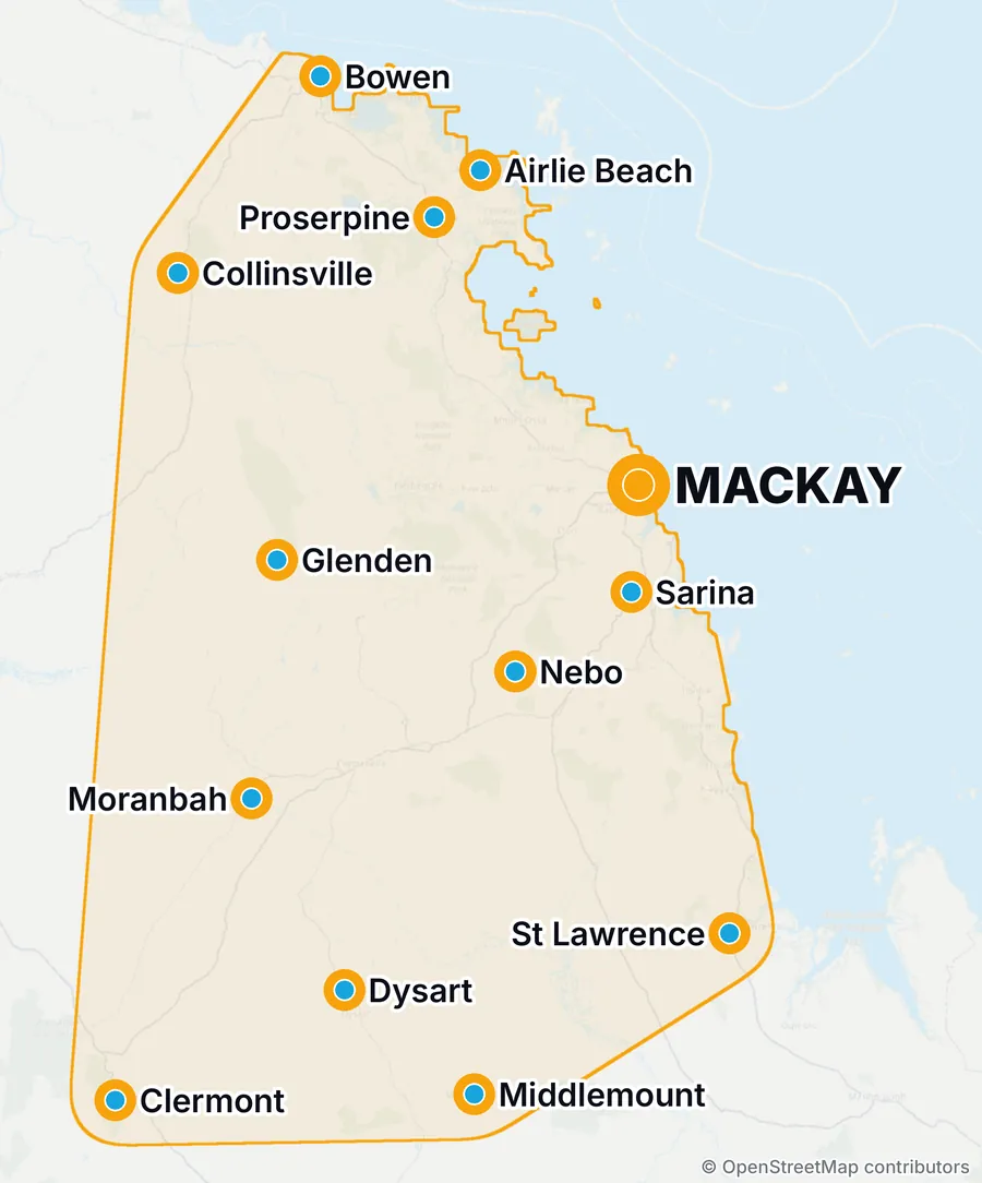 Map of the Next Phase Solar service area, outlined in orange: Bowen, Airlie Beach, Proserpine and Collinsville in the north, Mackay and Sarina on the coast, Glenden, Nebo and Moranbah inland, and Dysart, Clermont, Middlemount and St Lawrence in the south.