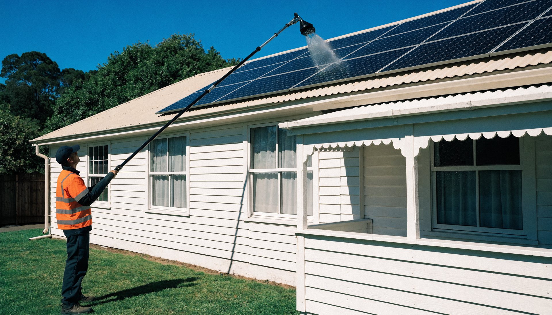 Technician cleaning rooftop solar panels with a telescopic pole from the ground